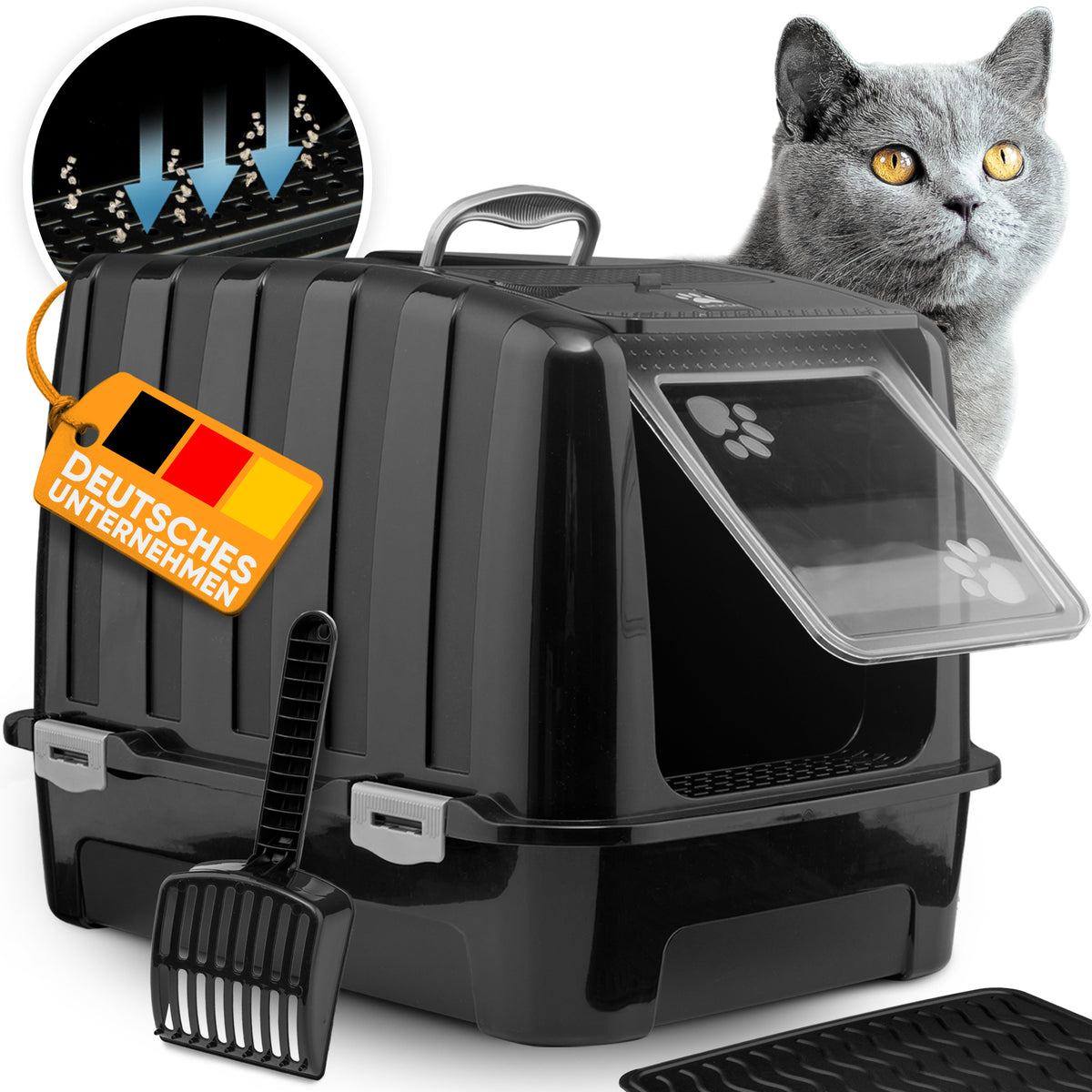 CROPLAS Katzenklo mit Deckel XXL 53 cm – inkl. Aktivkohlefilter, Matte & Schaufel