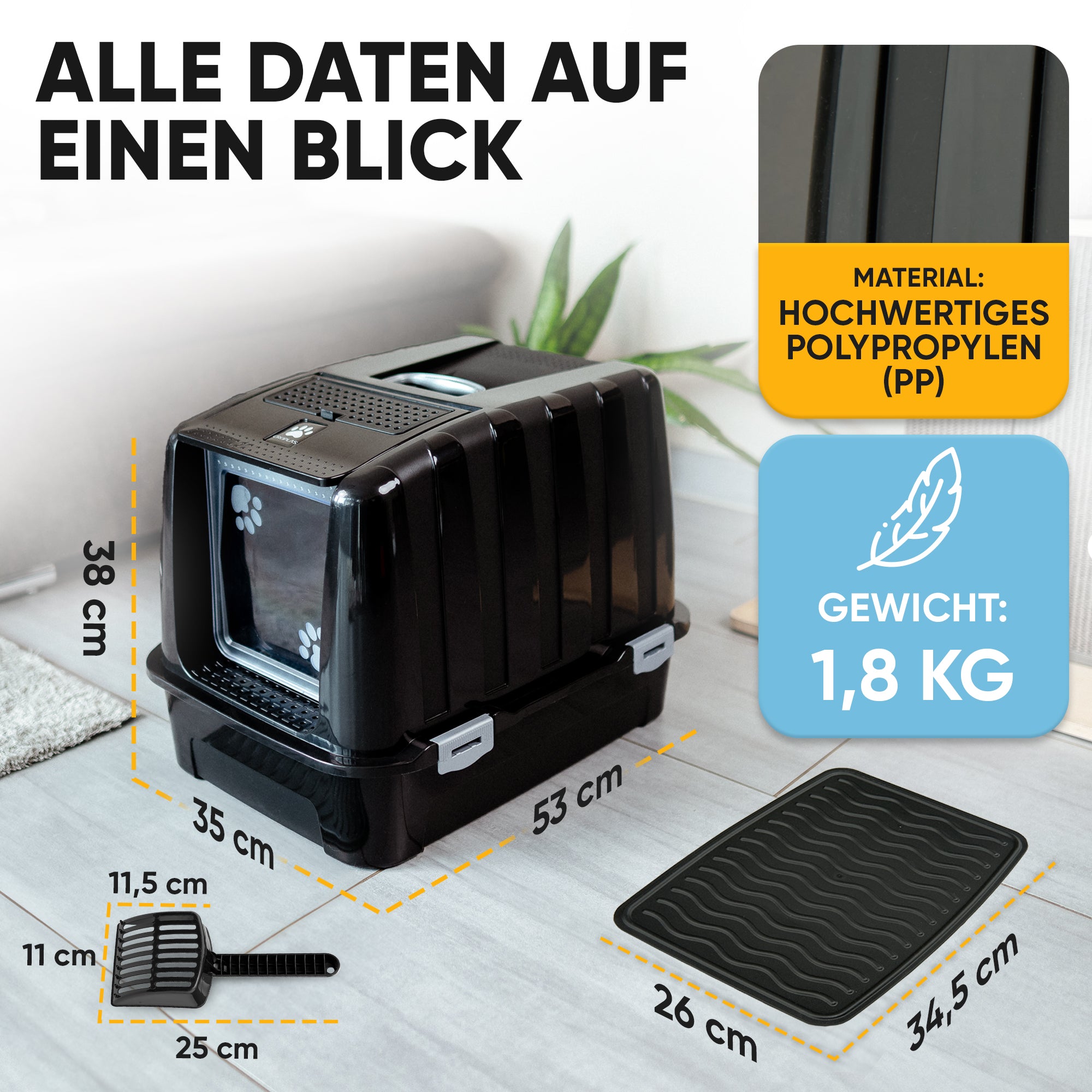 Premium Katzenklo mit Deckel und Aktivkohlefilter inkl. Matte und Schaufel