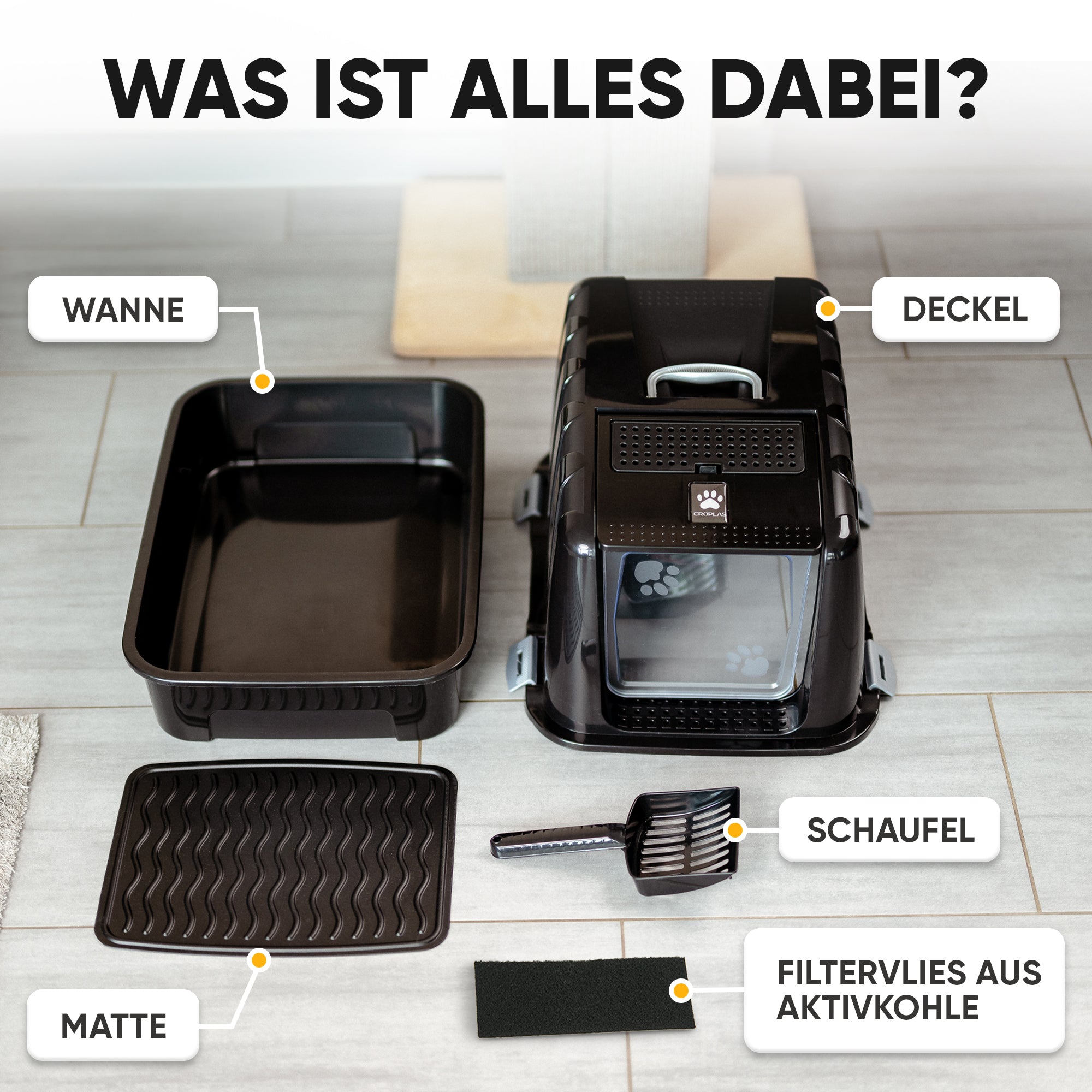 Premium Katzenklo mit Deckel und Aktivkohlefilter inkl. Matte und Schaufel