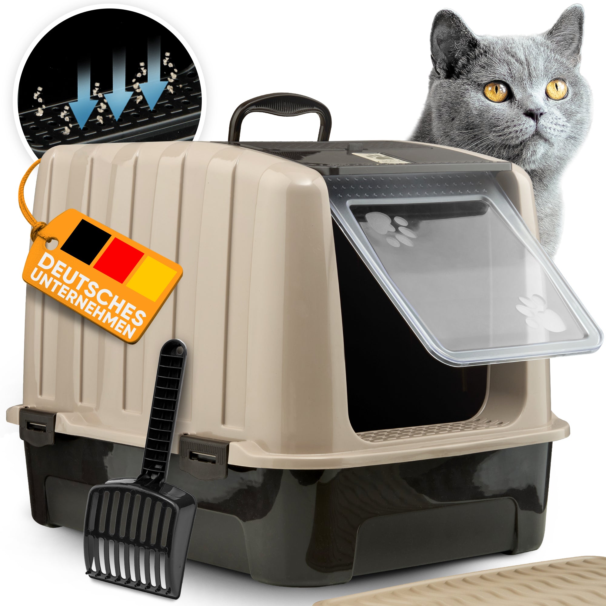 Premium Katzenklo mit Deckel und Aktivkohlefilter inkl. Matte und Schaufel
