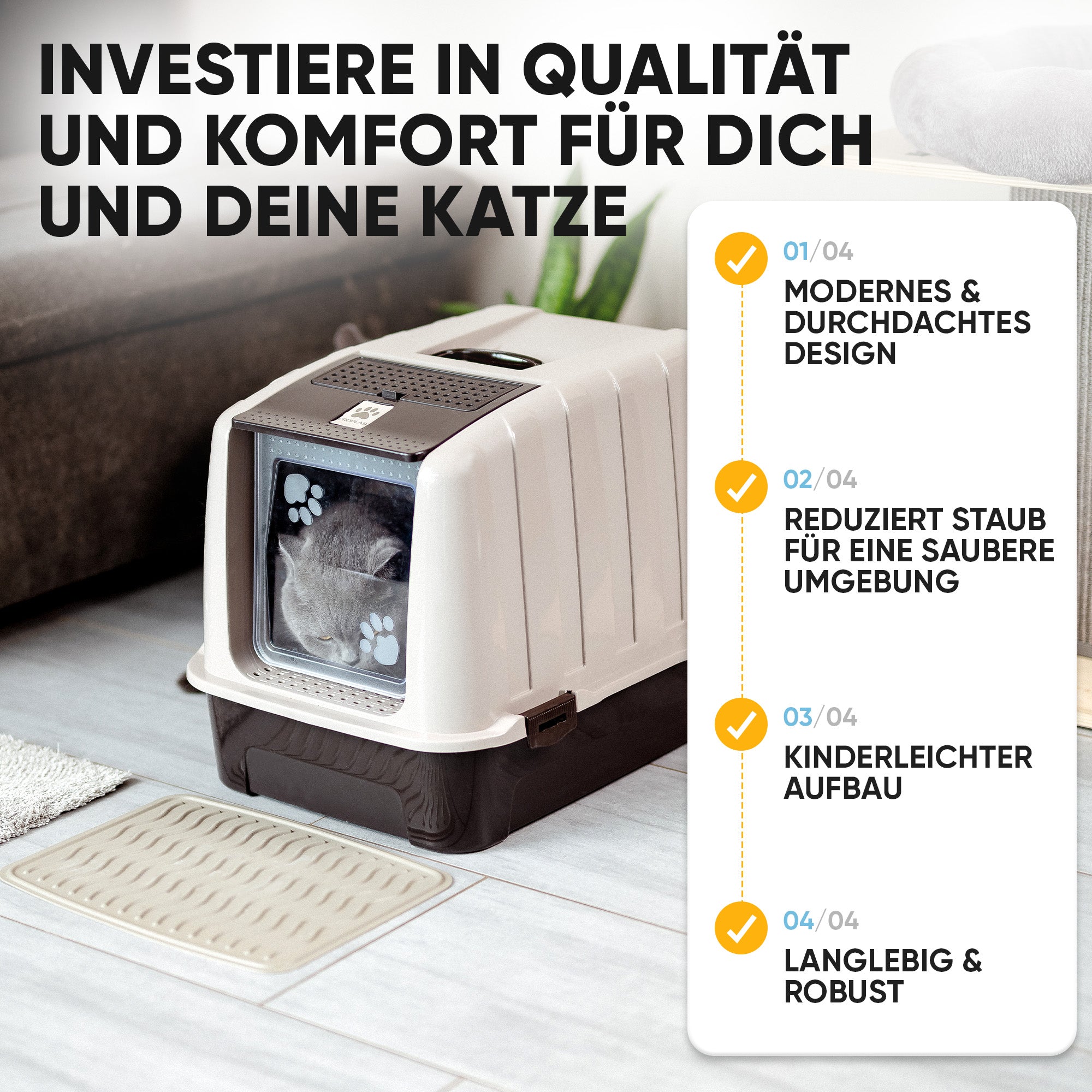 Premium Katzenklo mit Deckel und Aktivkohlefilter inkl. Matte und Schaufel