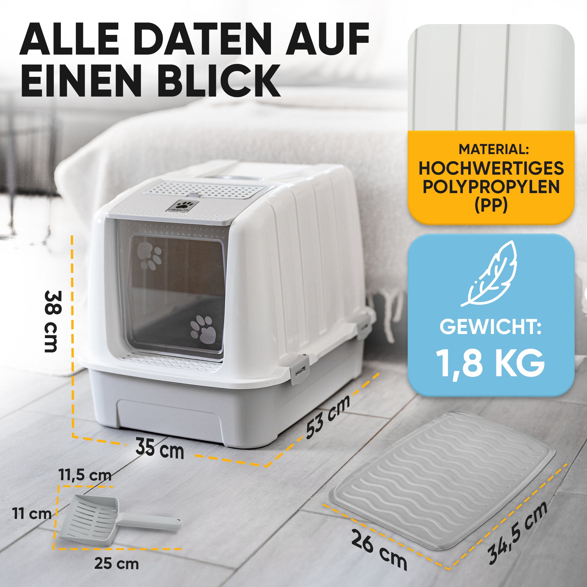 Premium Katzenklo mit Deckel und Aktivkohlefilter inkl. Matte und Schaufel