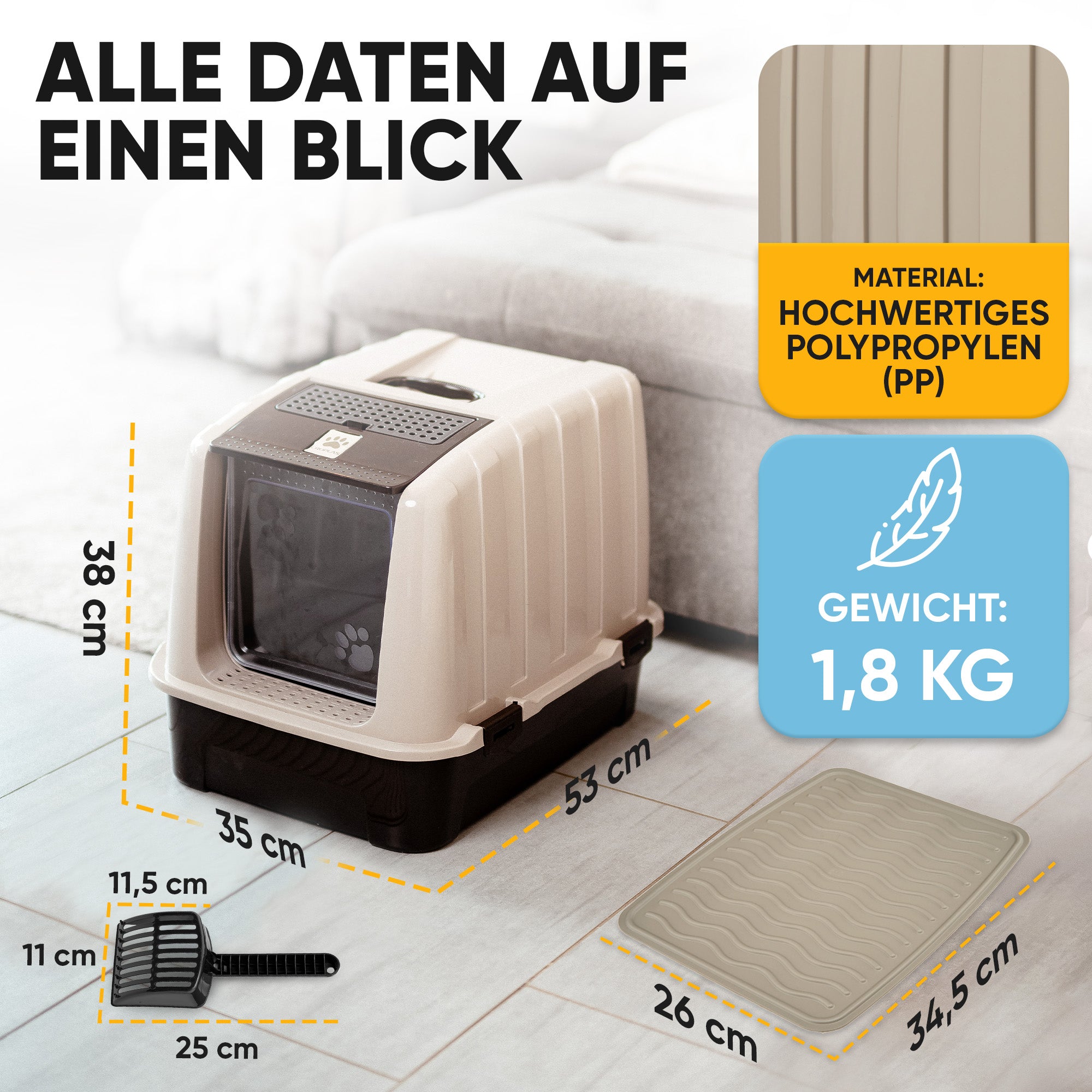 Premium Katzenklo mit Deckel und Aktivkohlefilter inkl. Matte und Schaufel
