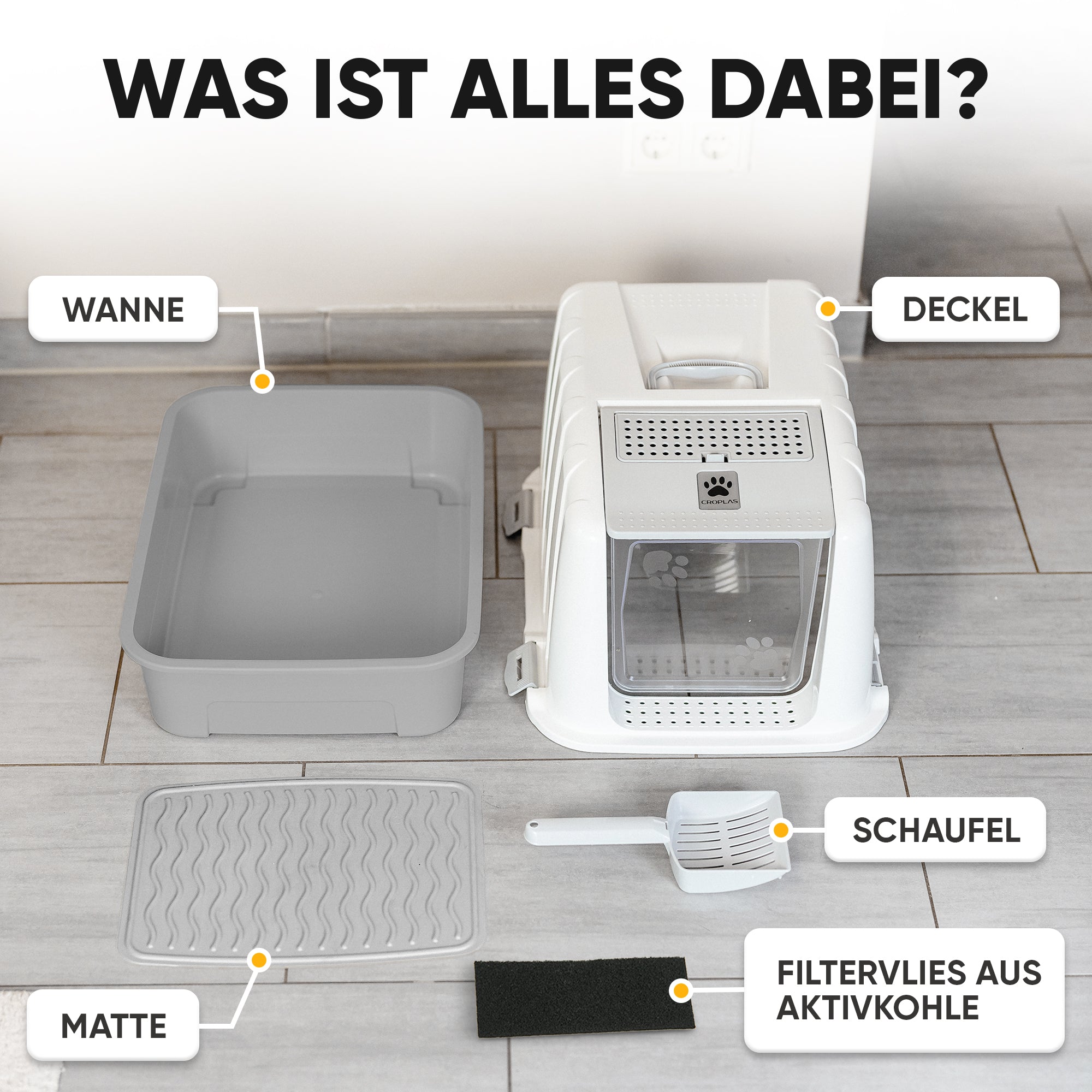 Premium Katzenklo mit Deckel und Aktivkohlefilter inkl. Matte und Schaufel