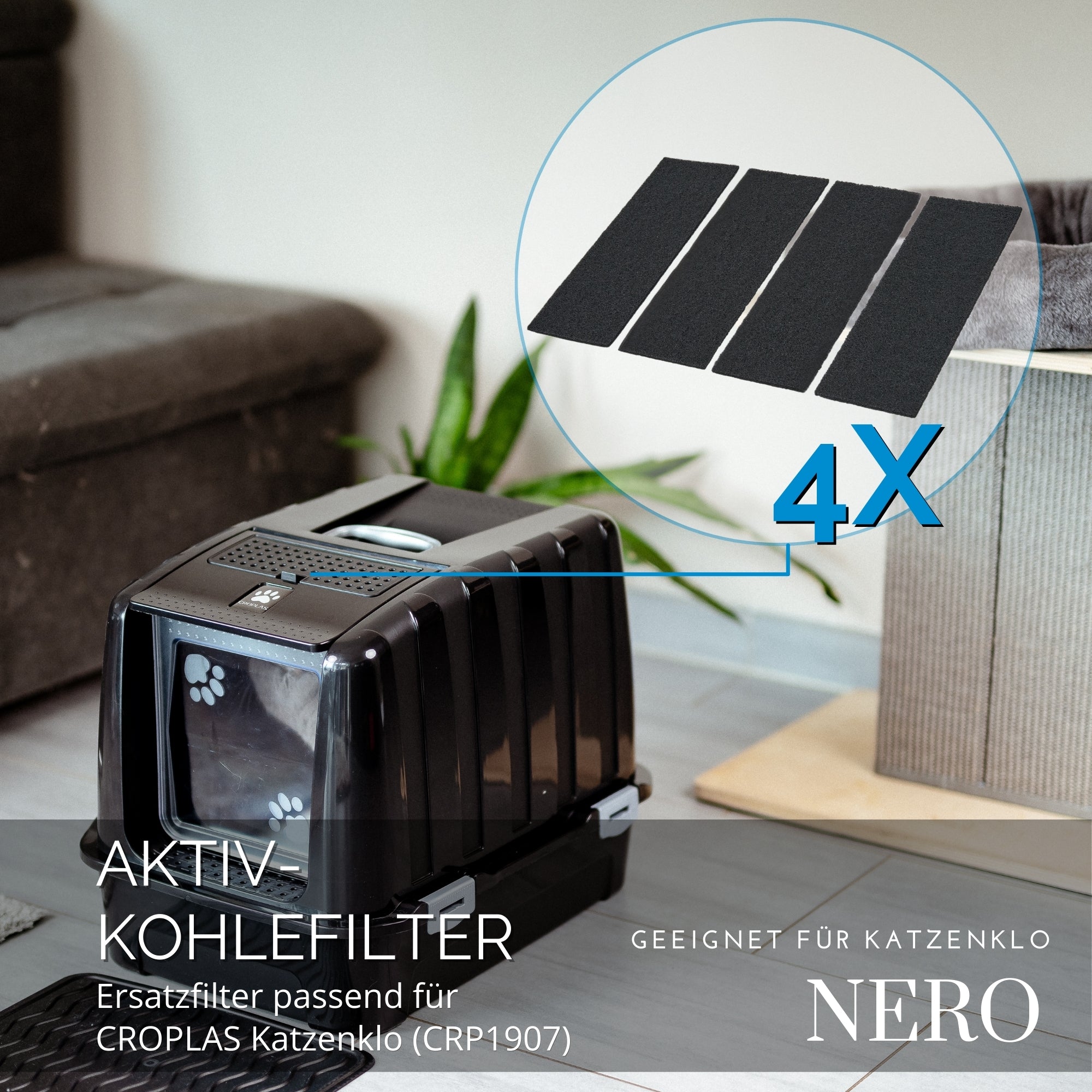 Premium Aktivkohlefilter 4er Pack für Katzenklos – zuschneidbar